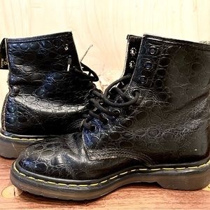 Made in England, vintage authentic “Doc” Martens.  “Snakeskin” black leather.